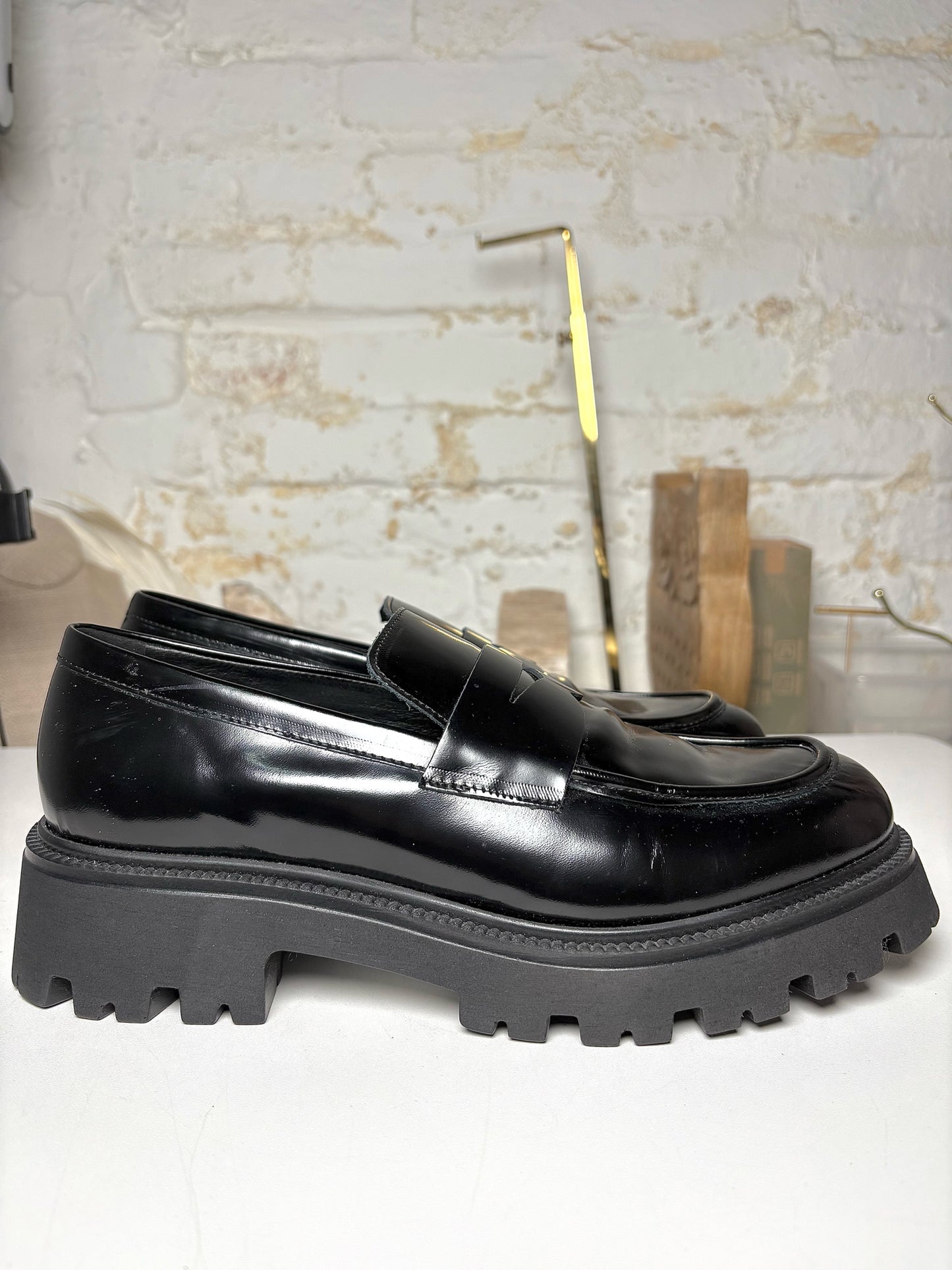 W Shoe Size 9.5 Michele Lopriore Black Leather Brush NWOT Oslo Loafers