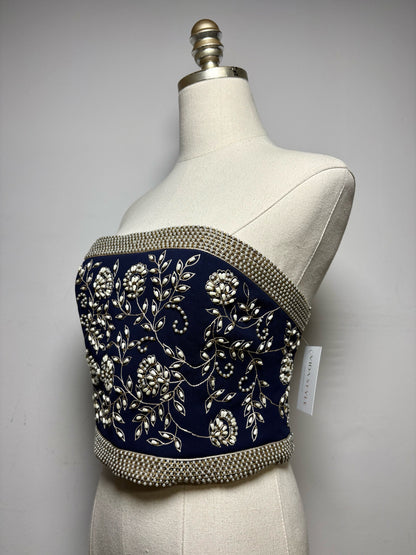 Women Size 4 Alice + Olivia Navy Beaded Polyester Pre-Owned Strapless Crop Top