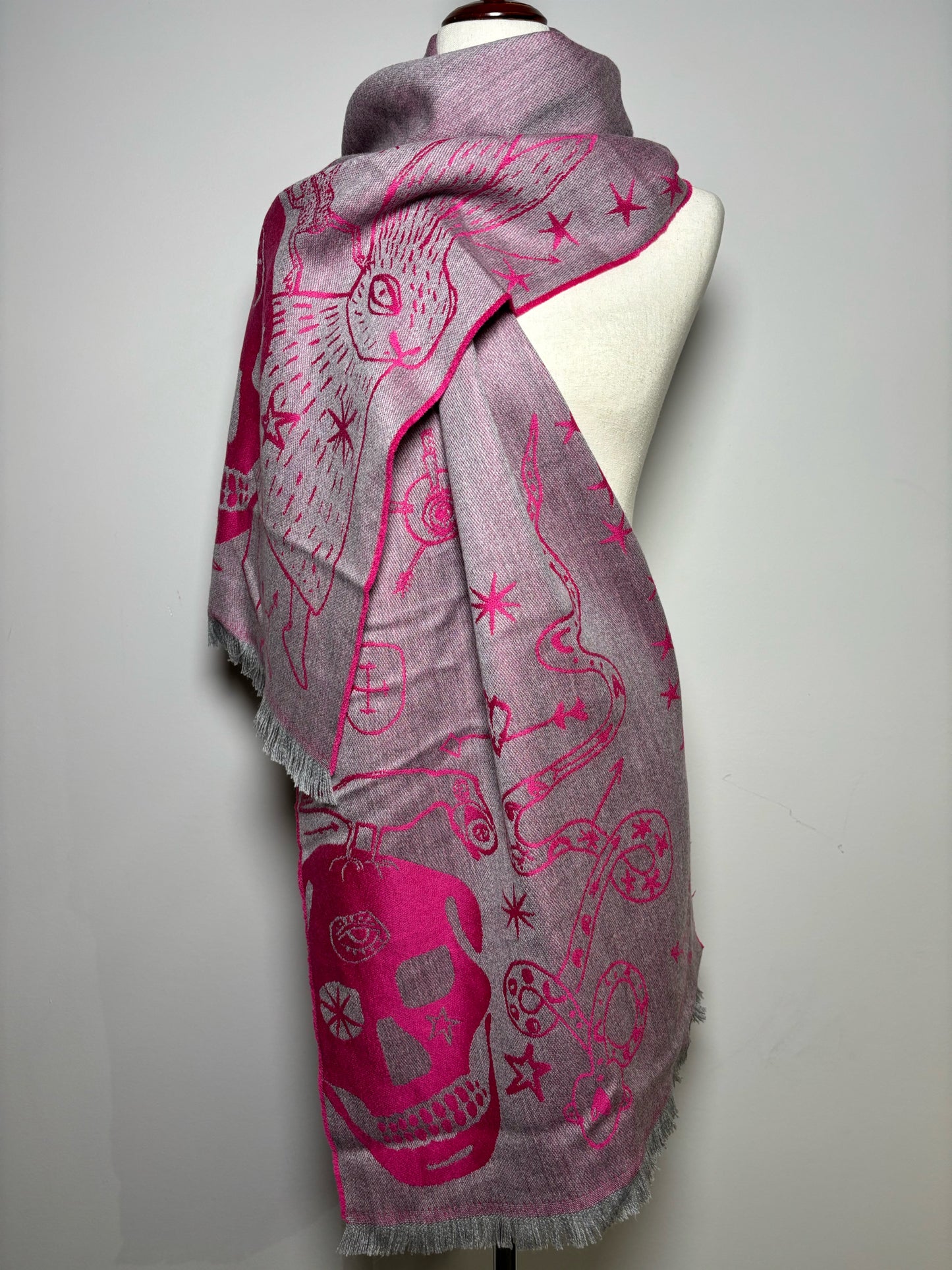 Alexander McQueen Pink Skullhead Scarf Fringe Trim