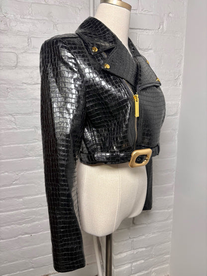 Women Size M Alice + Olivia Black Croc Embossed Faux Leather Moto Jacket