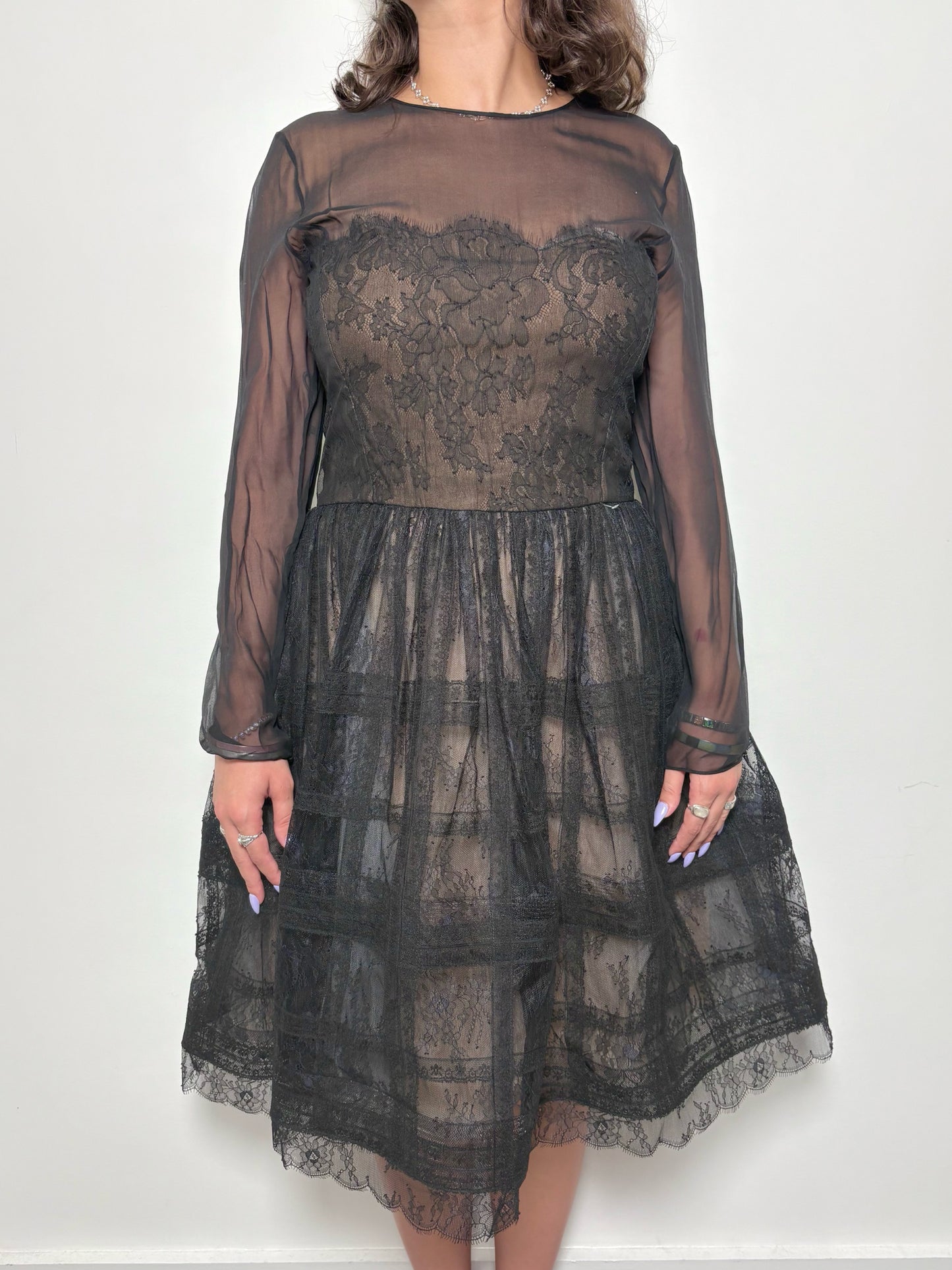 Women Size 14 Oscar de la Renta Black Silk, Lace Cocktail Dress