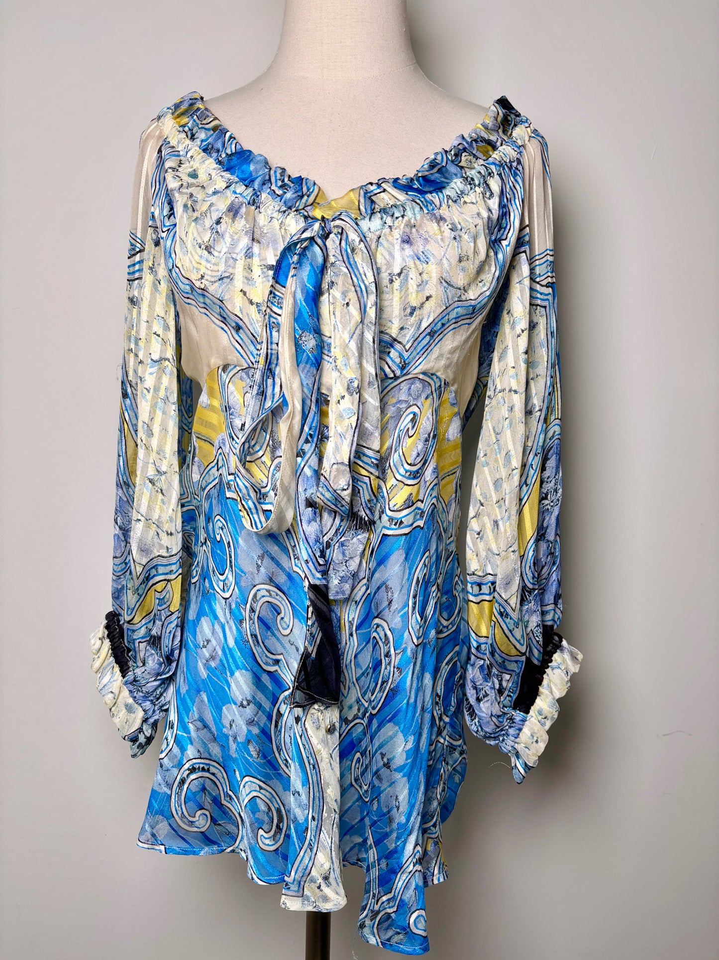 Women Size L Roberto Cavalli Blue, Yellow, Black Abstract Print Silk Boho Blouse