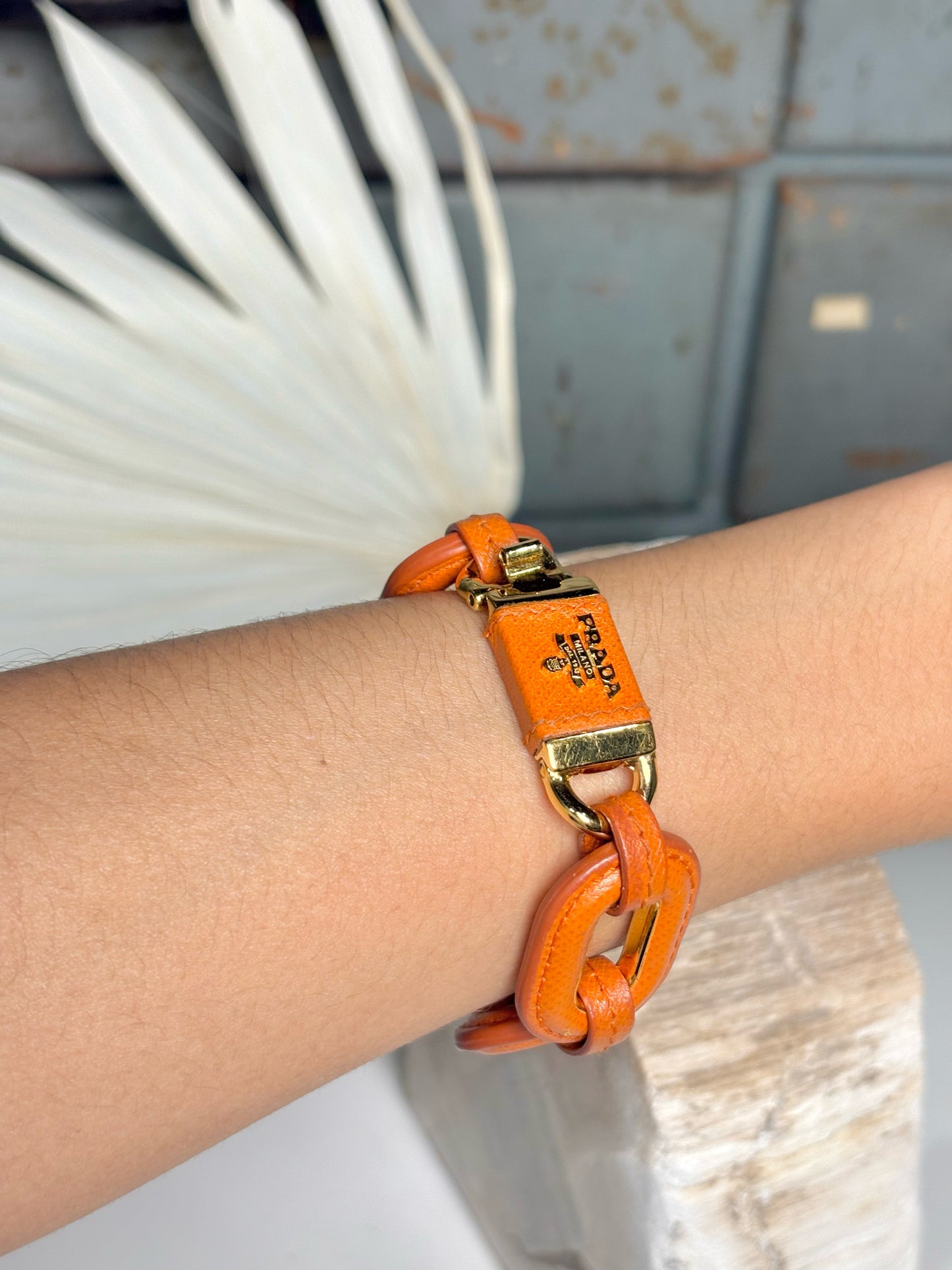 Pre-Owned Prada Leather Chain Links Orange Bracelet