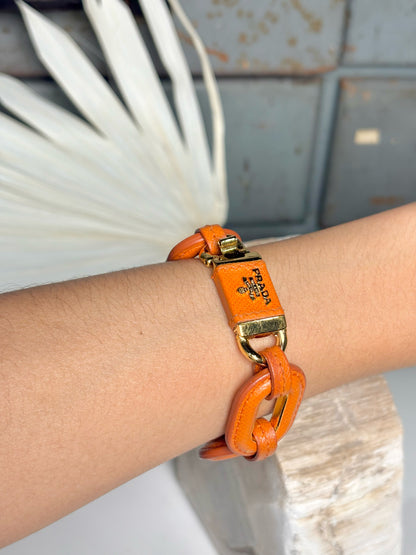 Pre-Owned Prada Leather Chain Links Orange Bracelet