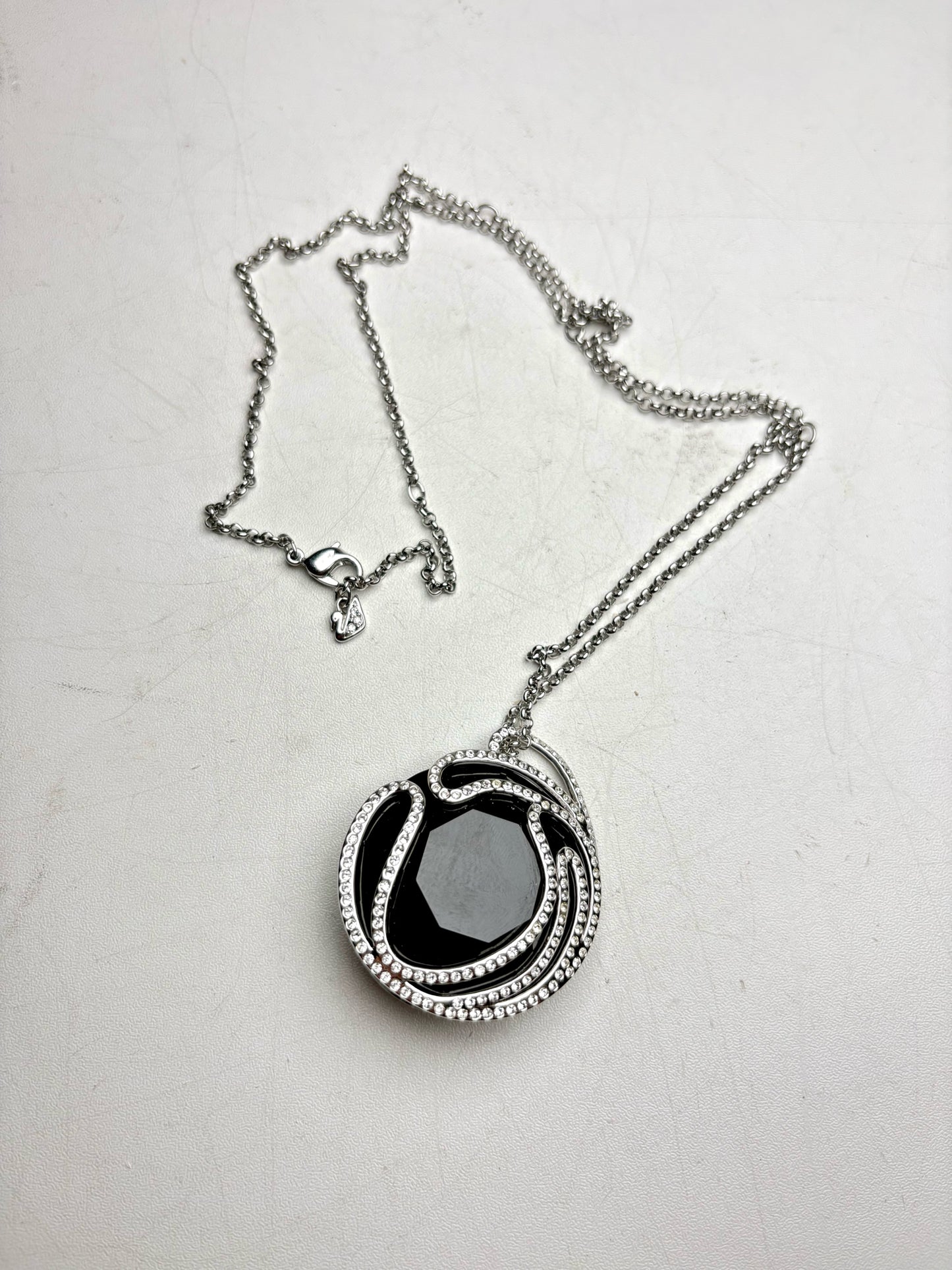 Women's Swarovski Jet Crystal Rhodium-Plated Brass Pre-Owned Circular Pendant Necklace 27.5"