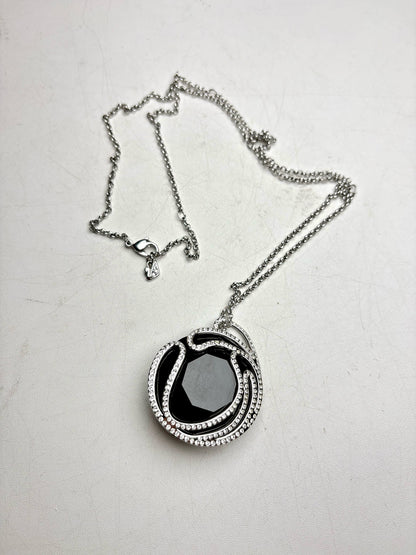 Women's Swarovski Jet Crystal Rhodium-Plated Brass Pre-Owned Circular Pendant Necklace 27.5"