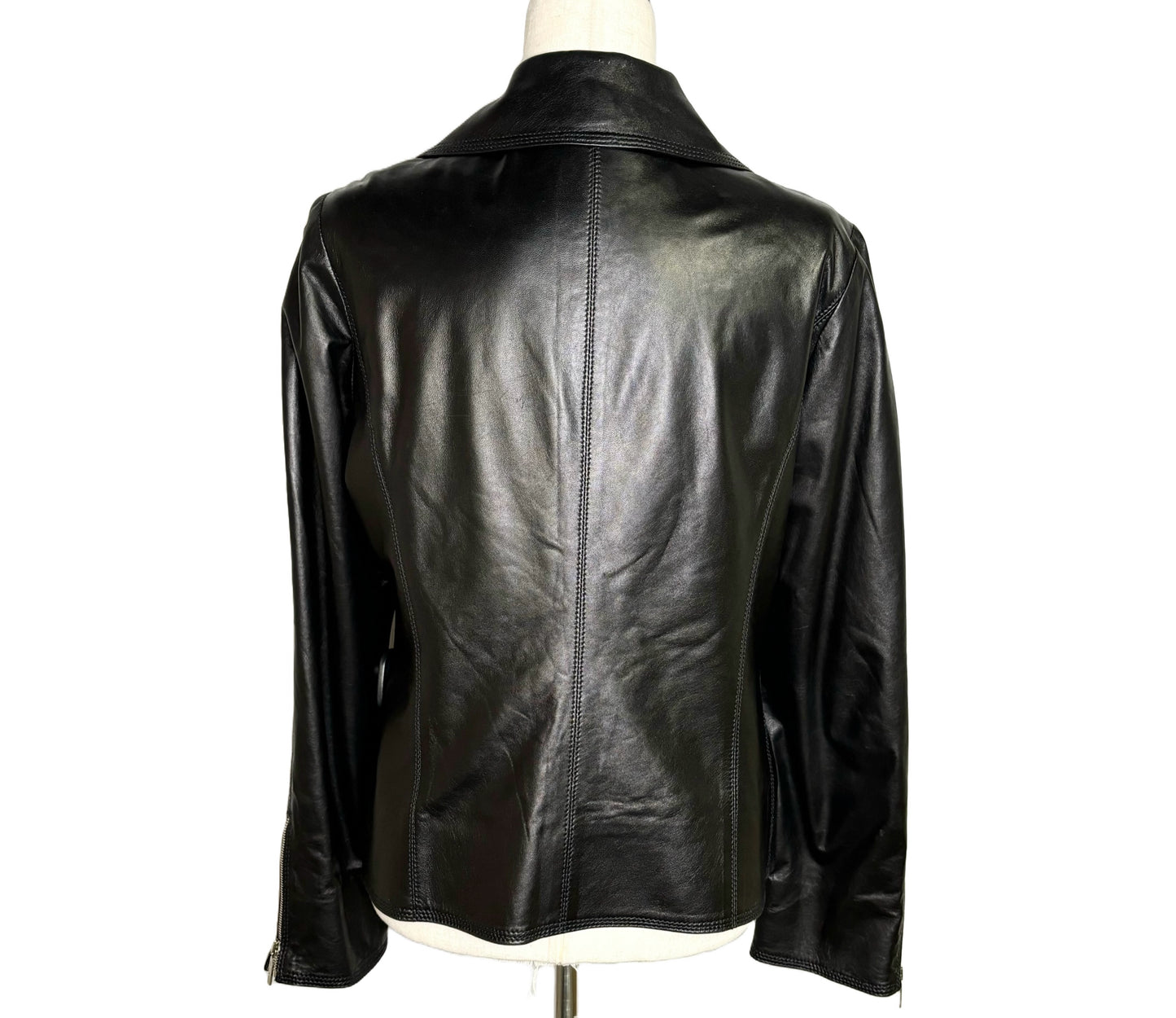 Women Size 46 Kiton Black Solid Cowhide Leather Moto Jacket
