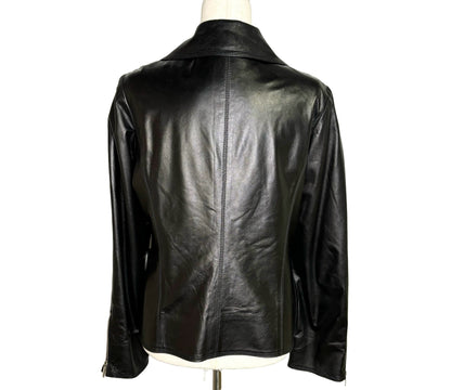 Women Size 46 Kiton Black Solid Cowhide Leather Moto Jacket