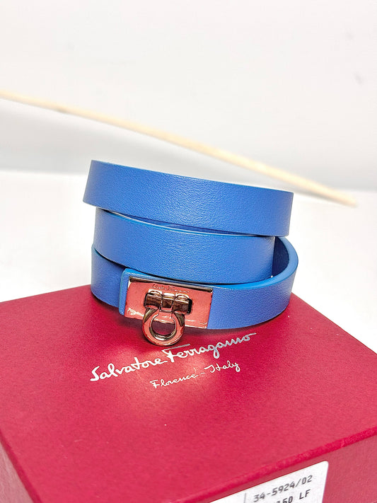 Salvatore Ferragamo Blue Gancini Double Wrap Leather Gold Logo Bracelet