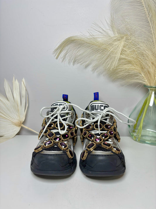 W Shoe Size 6 Gucci Flashtrek Silver Leather Cowhide Sneakers