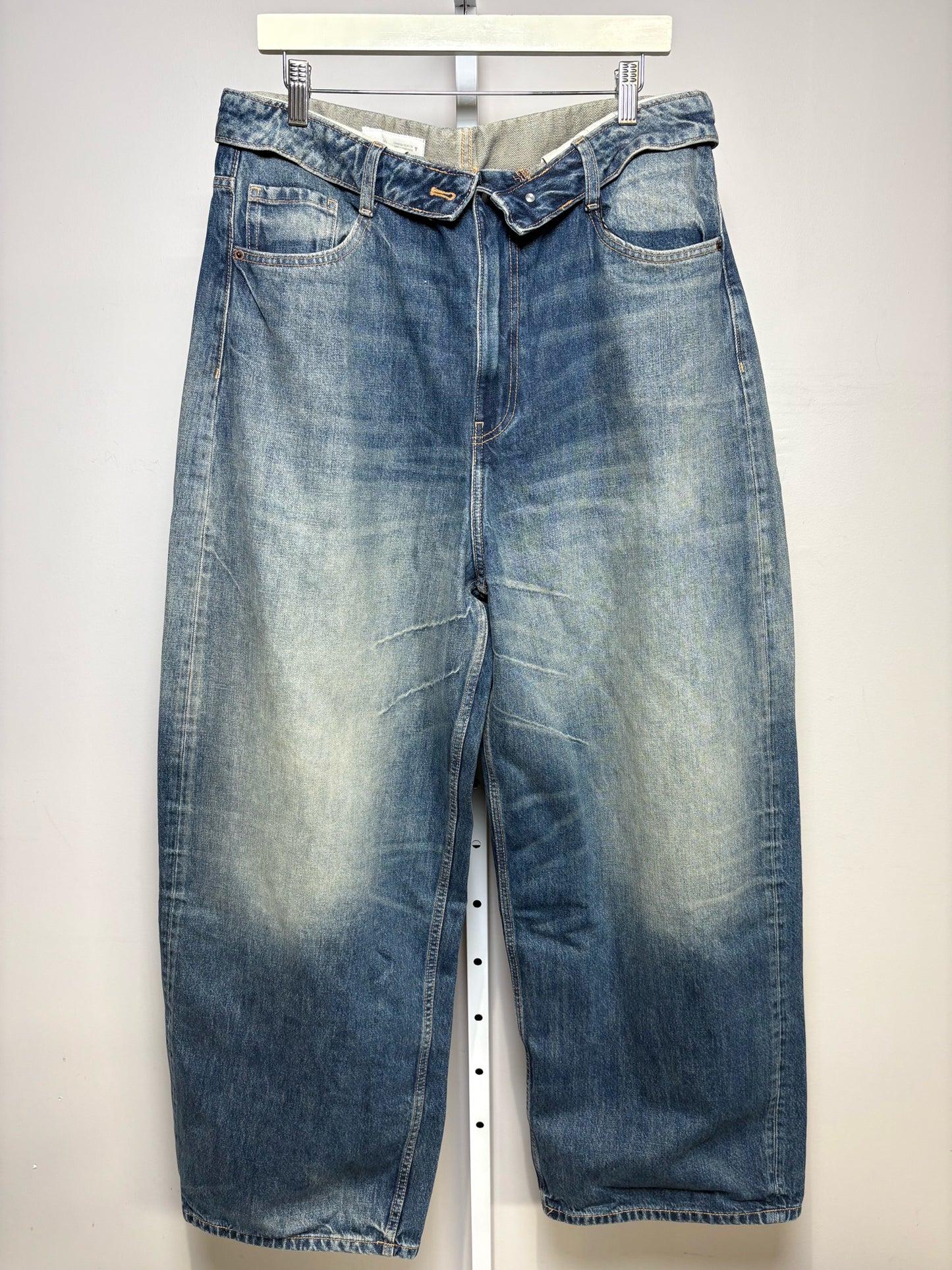 Women Size 12 ZARA Blue Washed Pure Cotton NWT Pre-Owned Fold-Over Waist Jeans