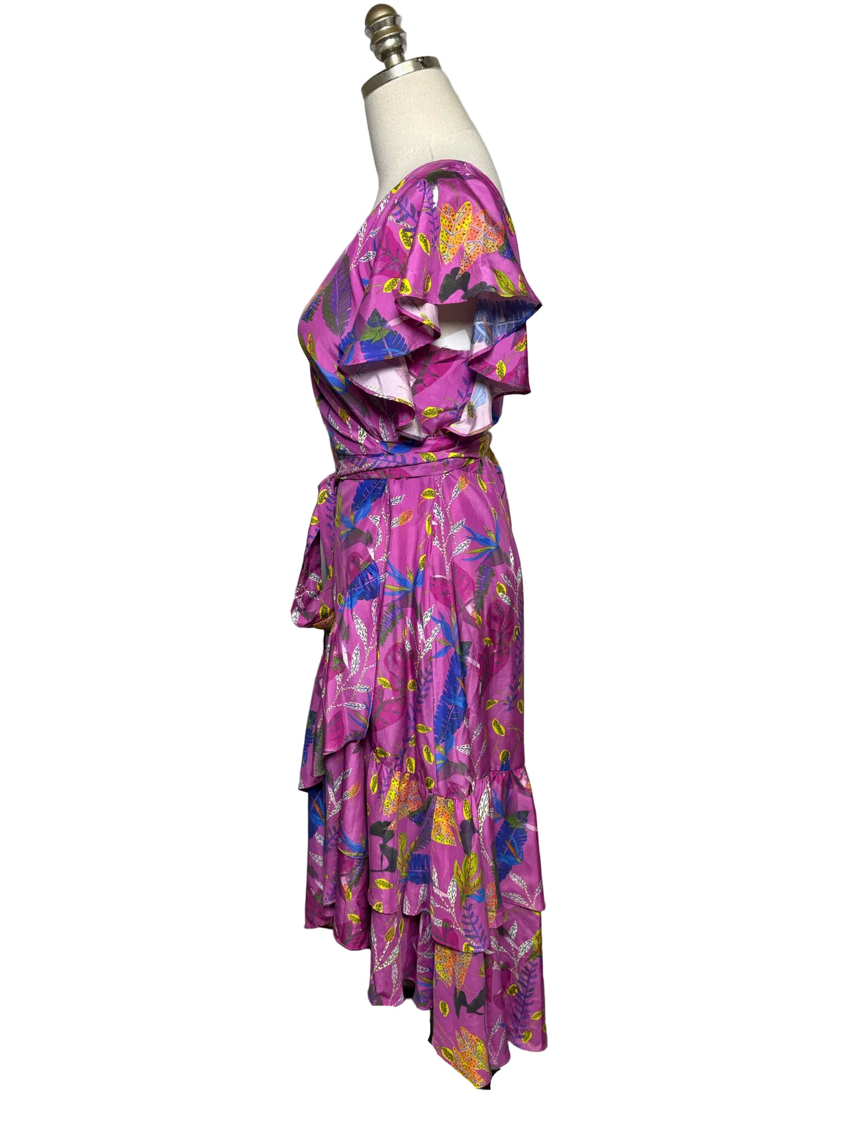 Women Size 8 Tanya Taylor Purple Multicolor Leaf Print Pure Silk Pre-Owned Wrap Midi Dress