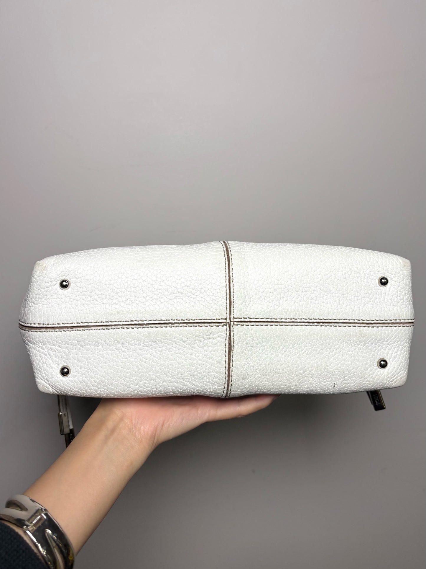 Tod's Solid Leather White Cowhide Pebble Grain Double Handle Purse