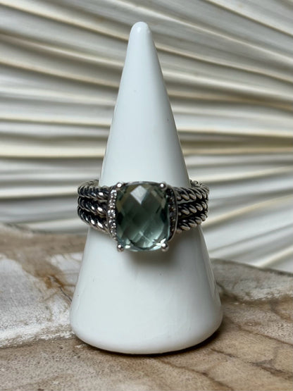 David Yurman Petite Wheaton Prasiolote, Pave' Diamonds Sz 6.5  Ring