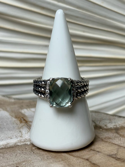 David Yurman Petite Wheaton Prasiolote, Pave' Diamonds Sz 6.5  Ring