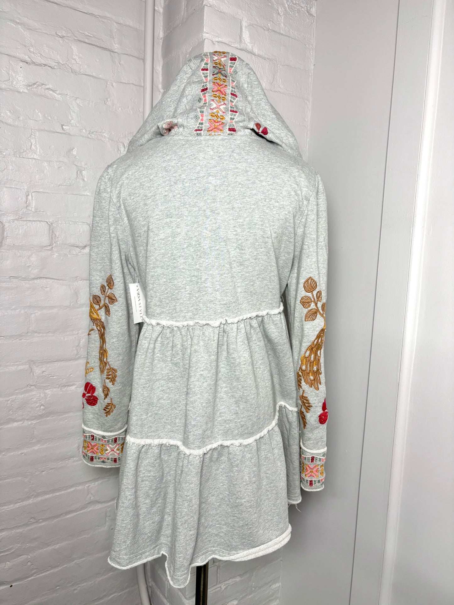 Women Size S Johnny Was Gray Embroidered Cotton Zip Front Hood Jacket