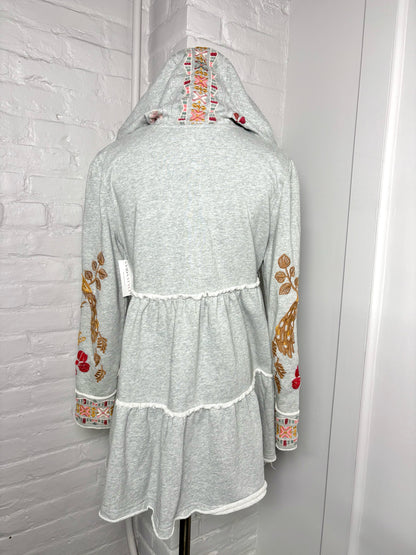 Women Size S Johnny Was Gray Embroidered Cotton Zip Front Hood Jacket
