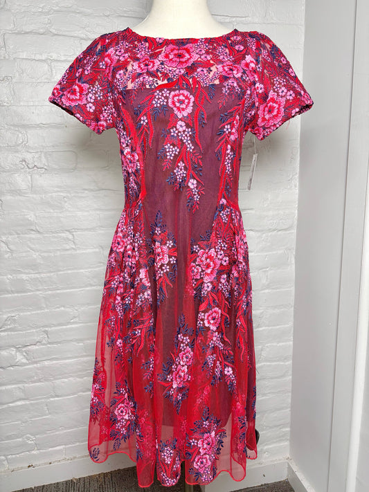 Women Size 0 Eva Franco Red, Blue Floral Polyester Dress