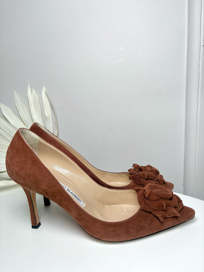W Shoe Size 37.5 Manolo Blahnik Brown Leather Suede Heels