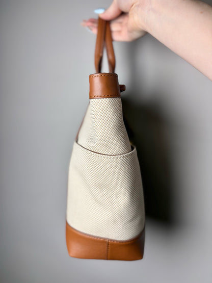 Women's Veronica Beard Solid Canvas, Leather Pre-owned Cream, brown Medium Purse