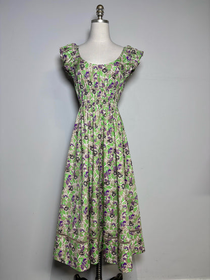 Women Size 4 Tory Burch Brown, Green Floral Pure Cotton Women's Pre-owned Dress