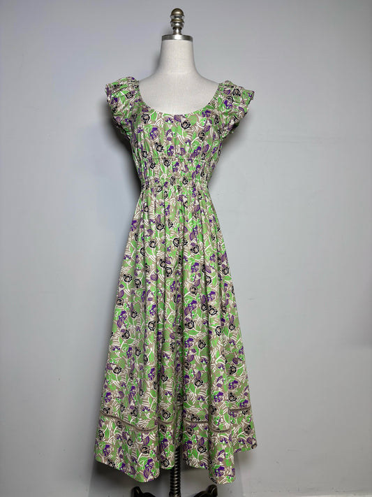 Women Size 4 Tory Burch Brown, Green Floral Pure Cotton Women's Pre-owned Dress