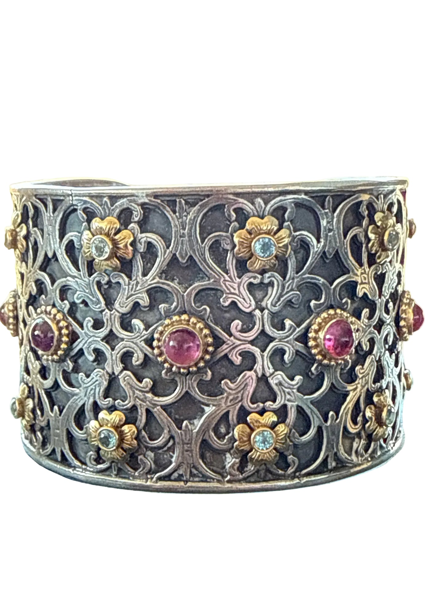 Konstantino Filigree Pink Tourmaline, Blue Topaz Cuff 18K Gold, 925 Cuff