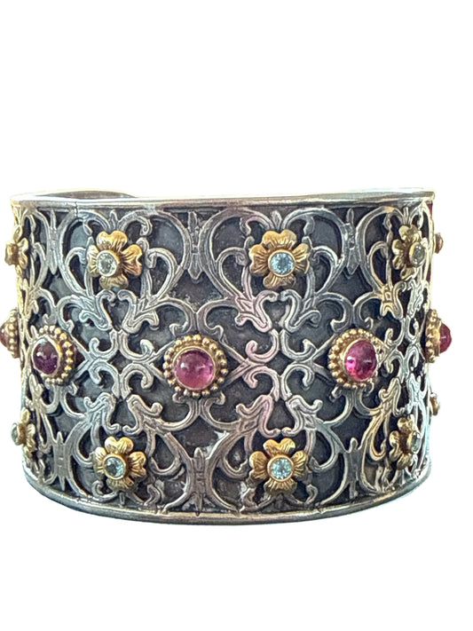 Konstantino Filigree Pink Tourmaline, Blue Topaz Cuff 18K Gold, 925 Cuff