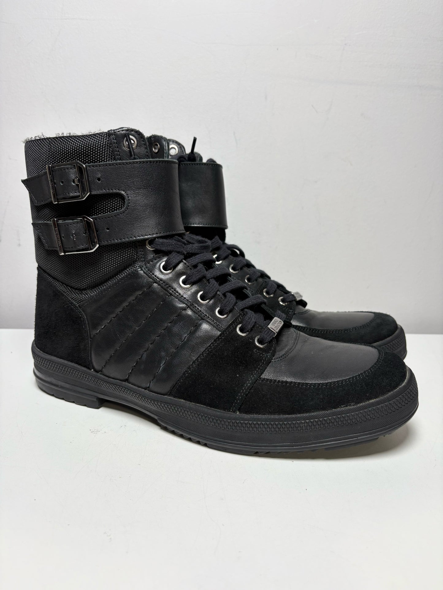 Men Shoe Size US 10 Versace Collection Black Leather & Nylon Pre-Owned High-Top Sneakers