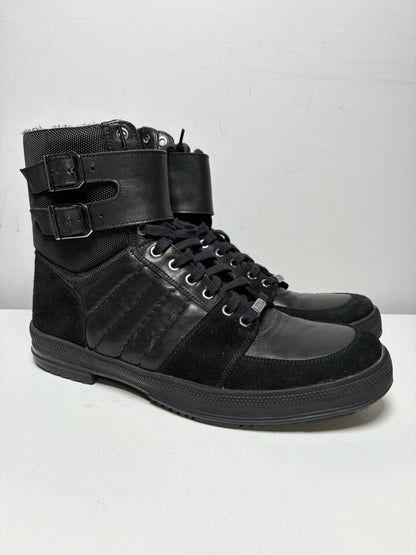 Men Shoe Size US 10 Versace Collection Black Leather & Nylon Pre-Owned High-Top Sneakers