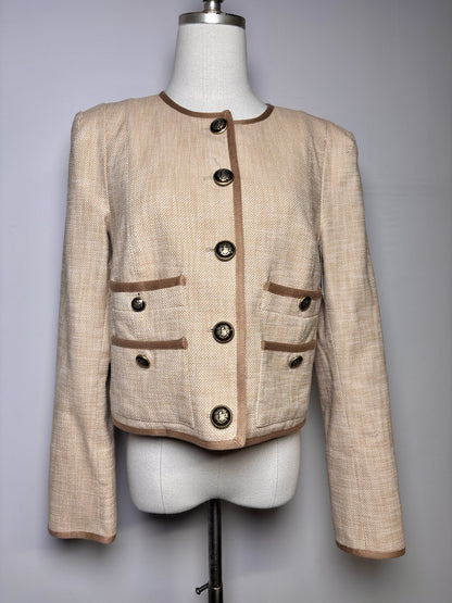 Women Size 10 Veronica Beard Tan Tweed Cotton Blend Brown Piping Jacket Pre-Owned