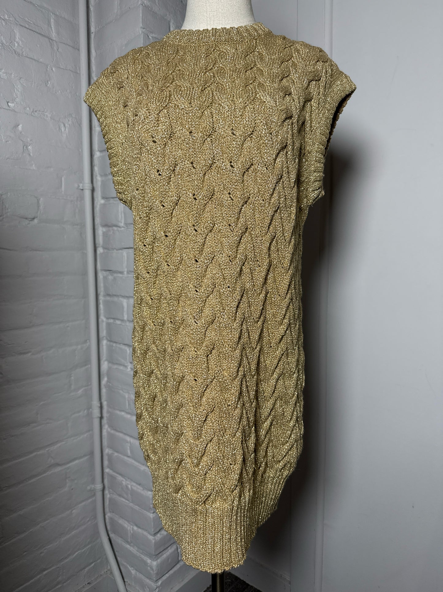Women Size M (Est.) Max Mara Metallic Gold Cable-Knit Mid-Length Sweater Dress
