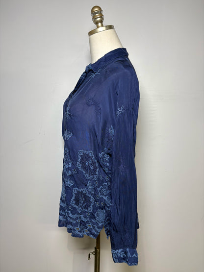 Women Size S Johnny Was Blue Floral Embroidered Cupra Rayon Pre-Owned Top