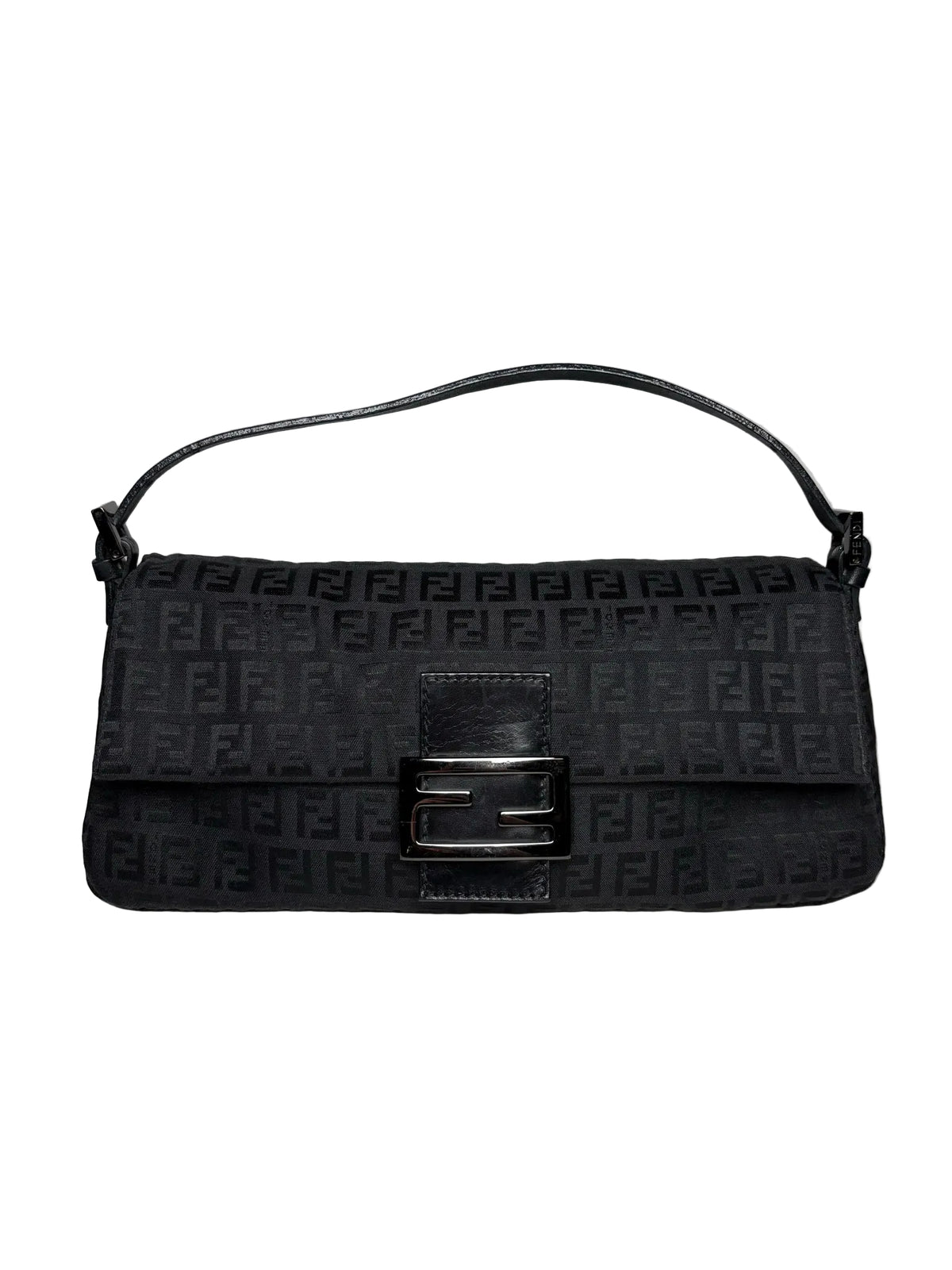 Vintage black Fendi Baguette with a black Fendi pattern and a metal Fendi logo.