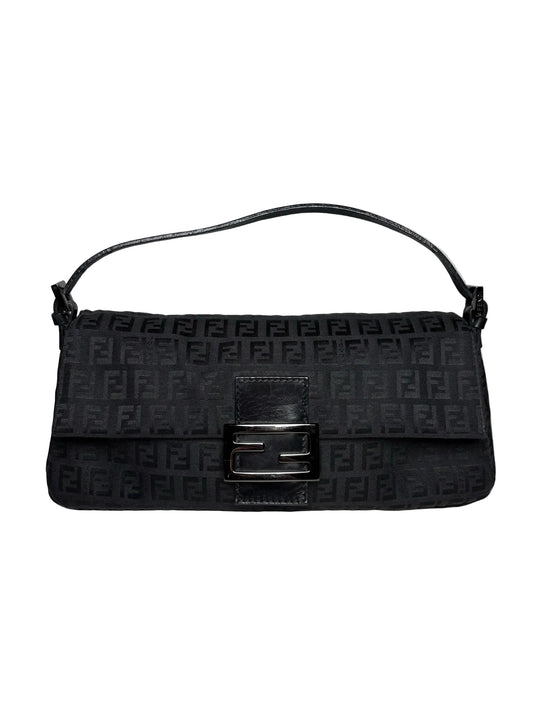 Vintage black Fendi Baguette with a black Fendi pattern and a metal Fendi logo.