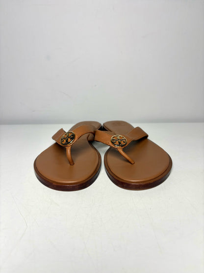 W Shoe Size 9 Tory Burch Benton Brown Leather Pre-owned Flip Flops