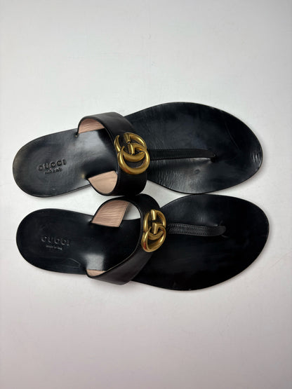 Women's Shoe Size 41 Gucci GG Marmont Black Leather Pre-Owned T-Strap Sandals