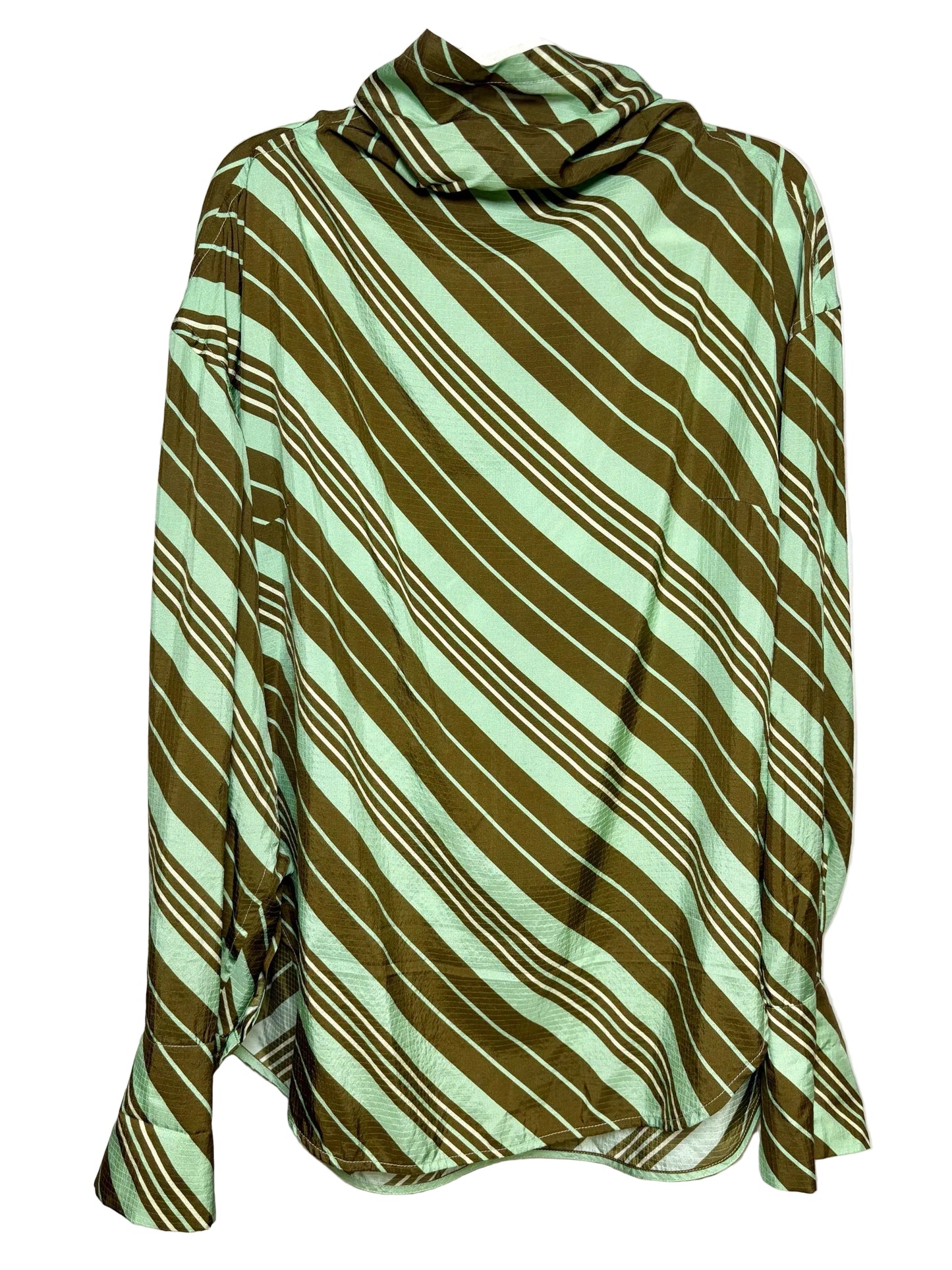 Green striped shirt in front of a white background