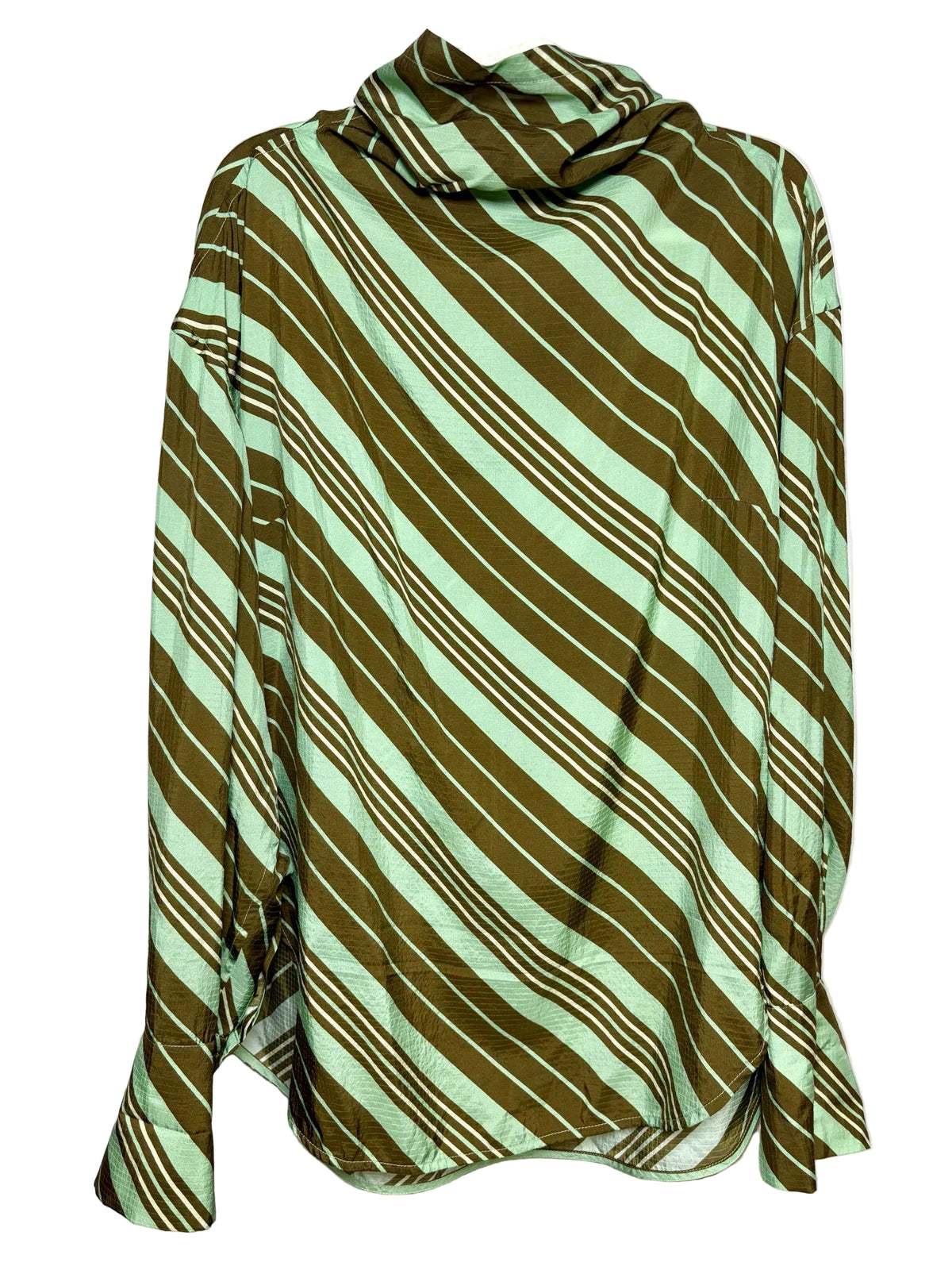 Green striped shirt in front of a white background