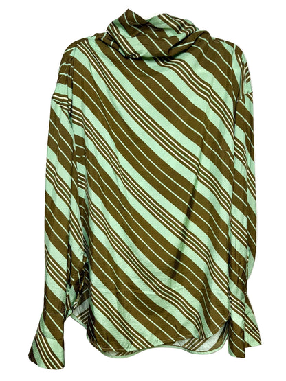 Green striped shirt in front of a white background