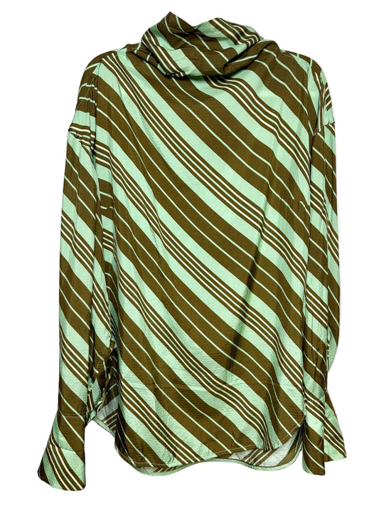 Green striped shirt in front of a white background