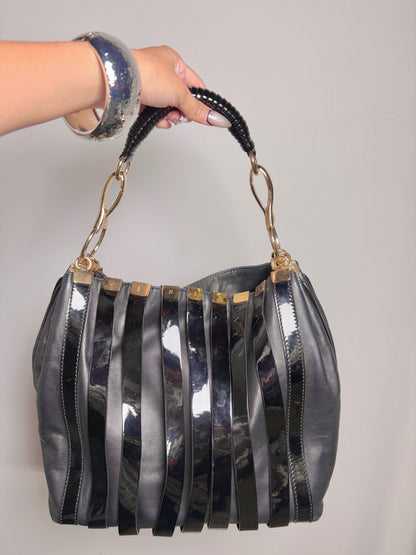 Patent Leather Versace Stripe Vintage Black & Gold Large Purse