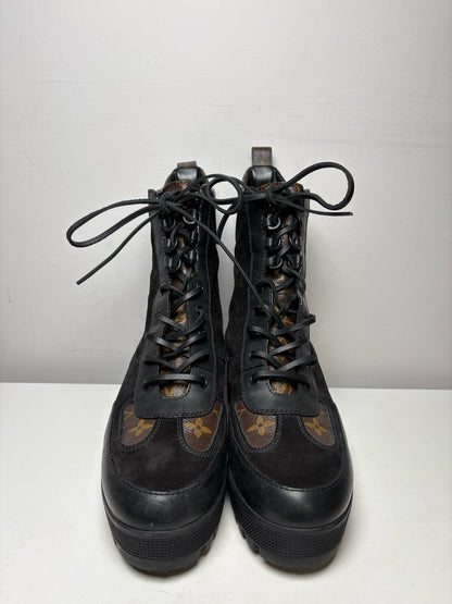 Women's Shoe Size 42 Authentic Louis Vuitton Laureate Black & Brown Leather Suede Pre-Owned Platform Desert Boots