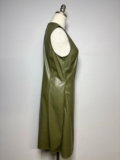 Women Size 10 Deveaux New York Olive Green Faux Leather Pre-Owned Midi Dress