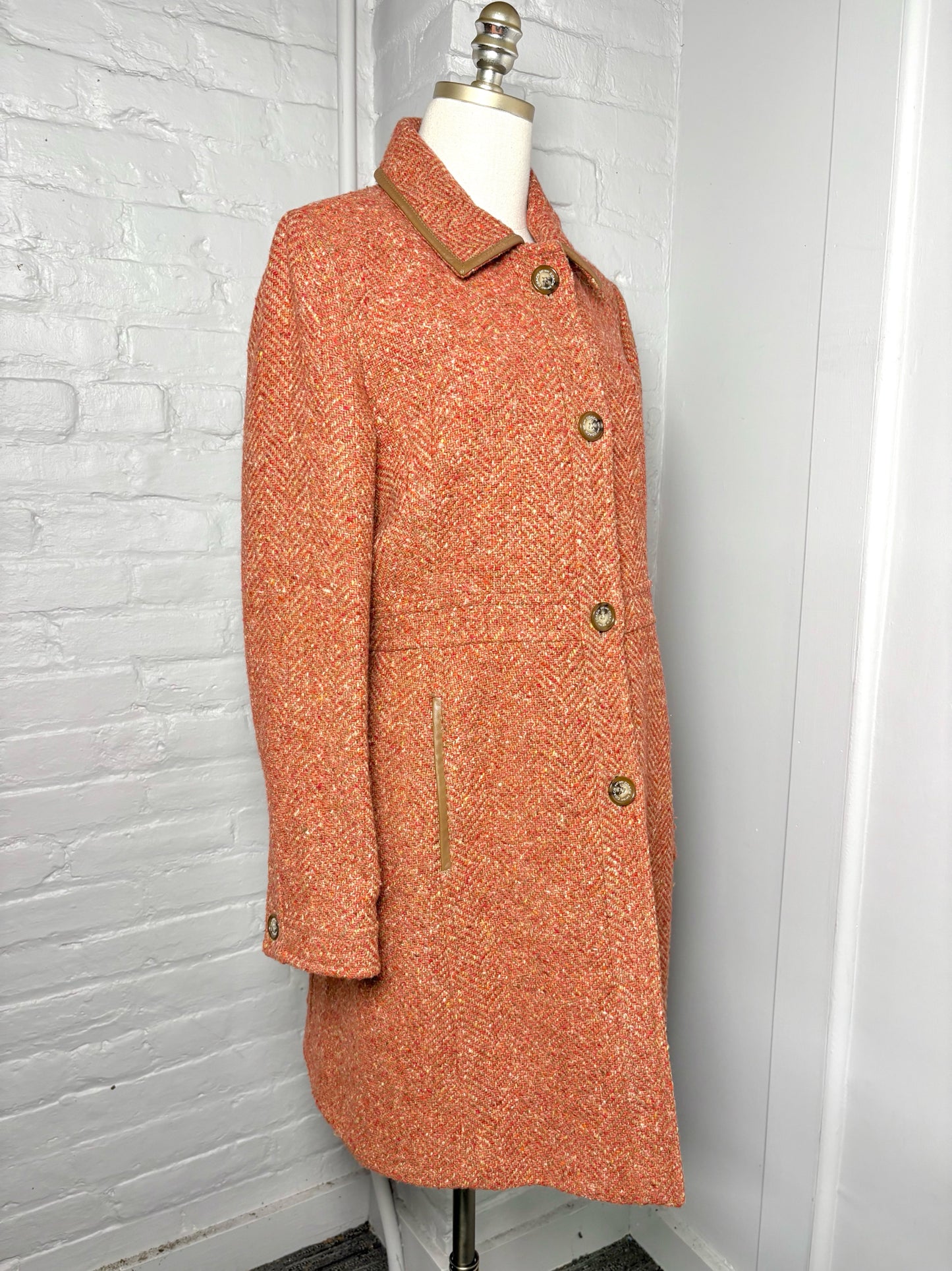 Women Size L Coach Rust Orange Dress Coat w/Leather Trim