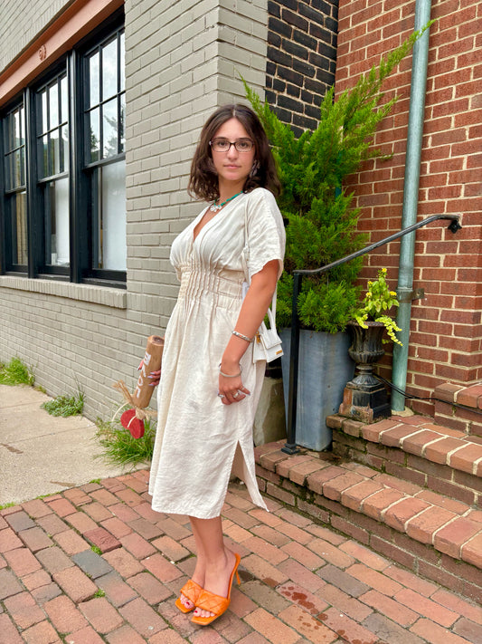 Women Size M Staud Wheat Solid Linen Smocked Waist Midi Dress
