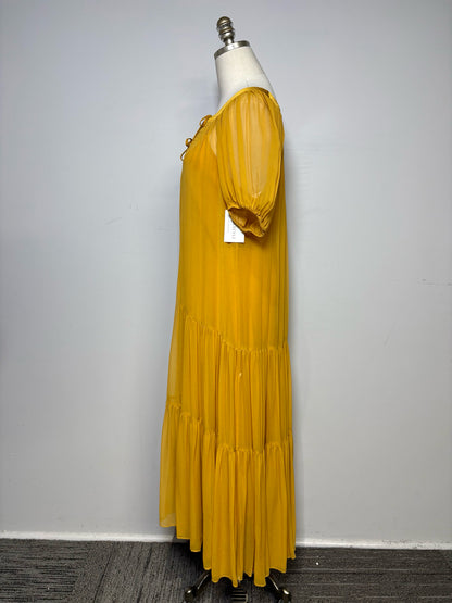 Women's Size M La Ligne New York Mustard Pre-Owned Tiered Midi Dress with Slip