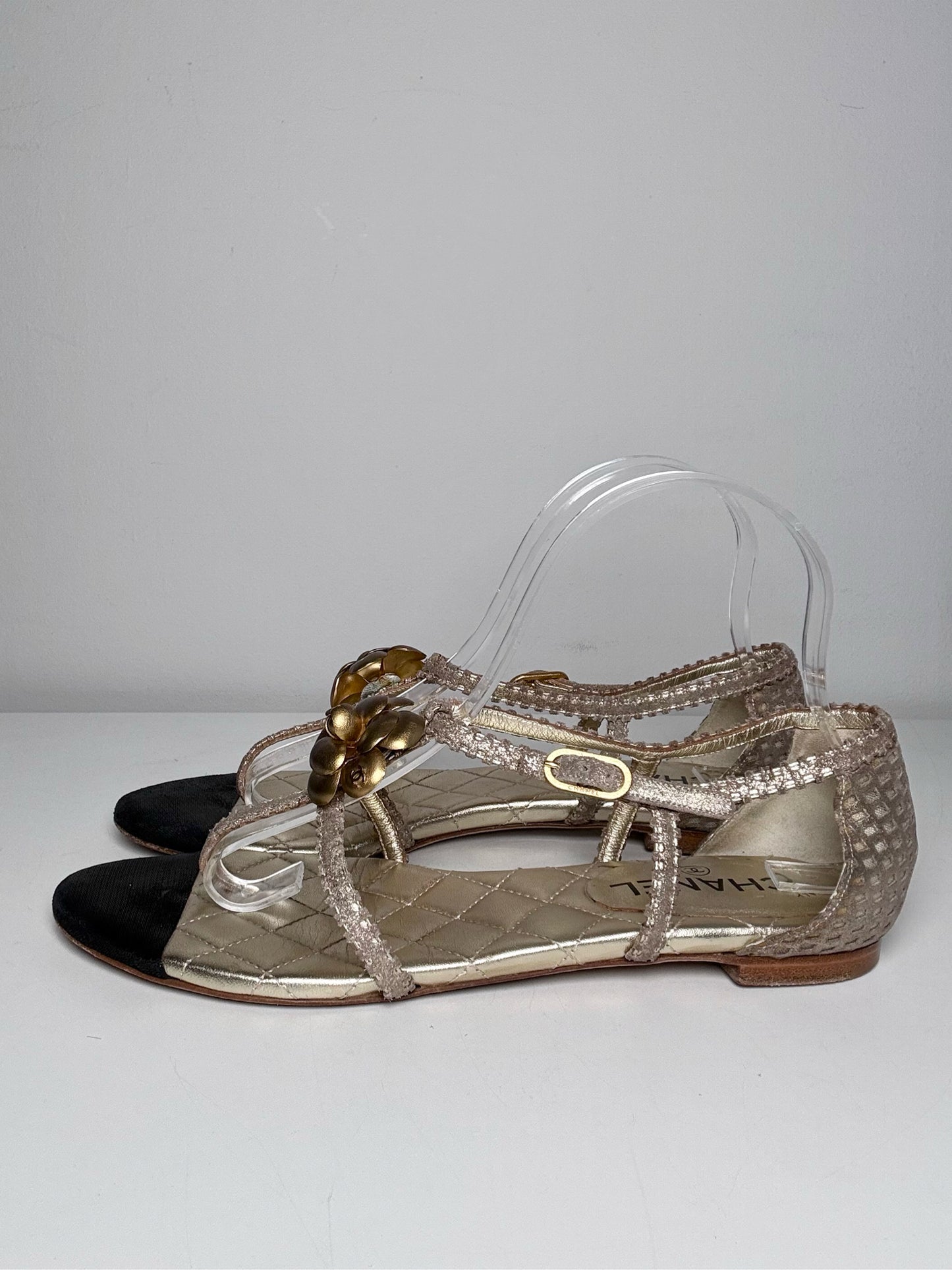 W Shoe Size 39 (8.5 - 9 US) Chanel Gold, Black Leather Vintage Sandals | Pre-owned