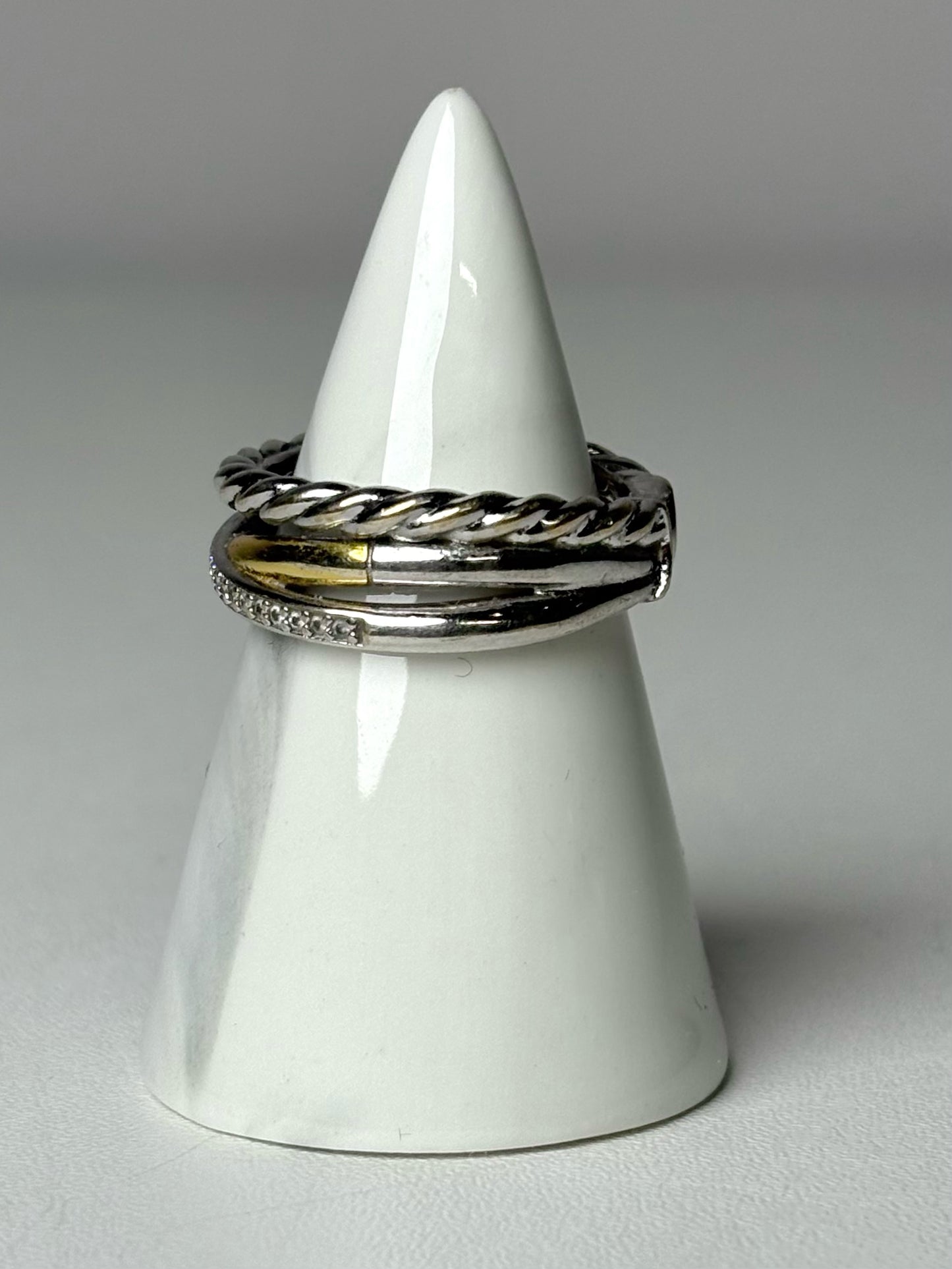 David Yurman Three Row Diamond Sterling Silver, 18K Yellow Gold 7 Pre-owned Ring