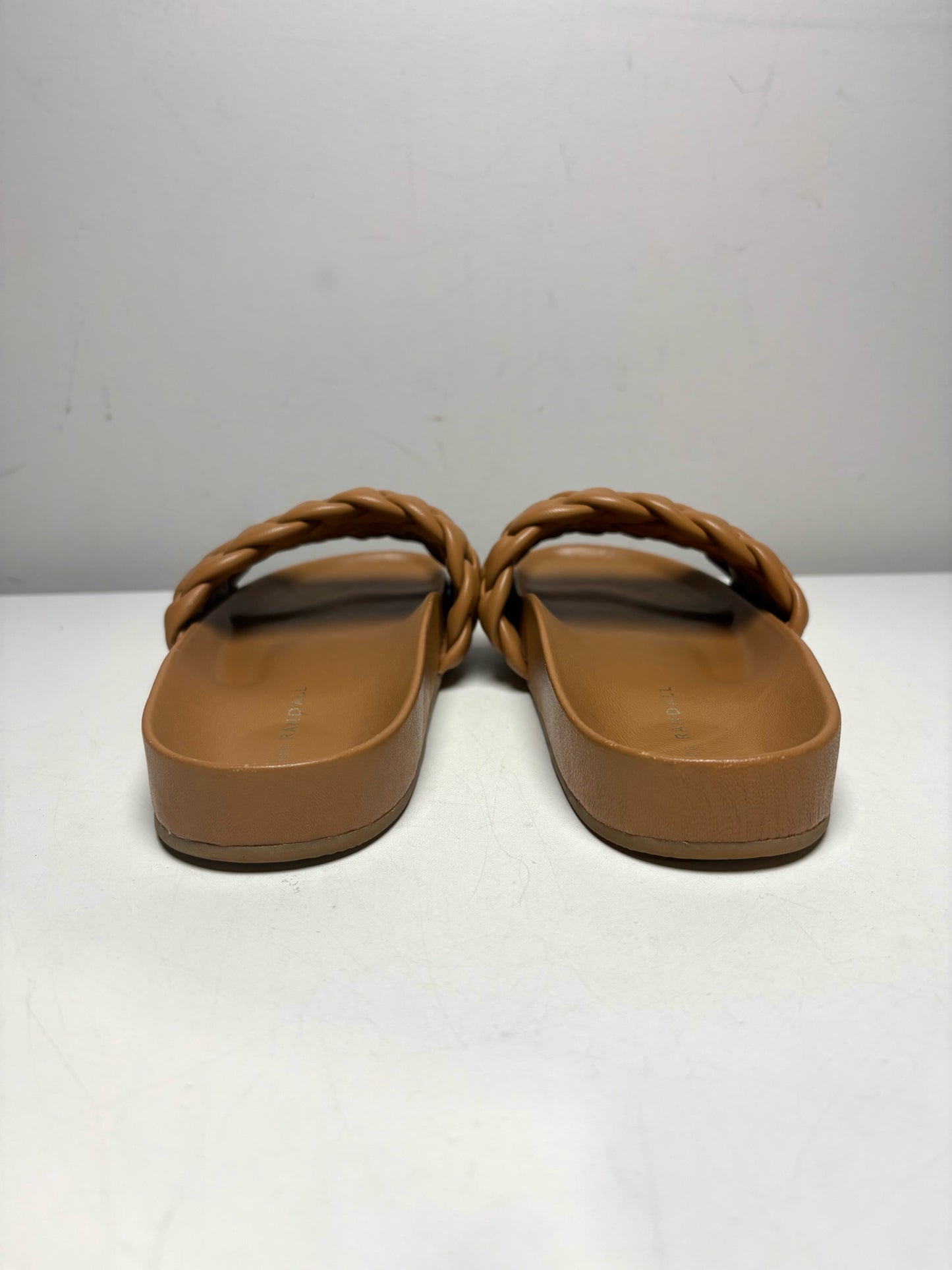 Women Shoe Size 38 (Est) Loeffler Randall Sonnie Tan/Camel Leather Pre-Owned Woven Lambskin Slides